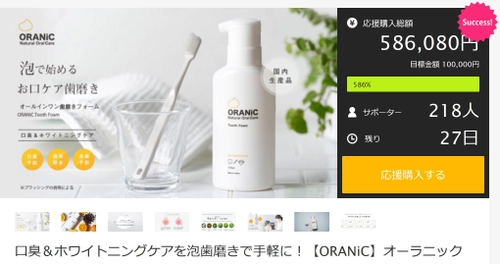 先行販売で200名以上が殺到！わずか24時間で目標500％超え　 新感覚“もっちり泡の歯磨き”　 クラウドファンディングで目標金額達成