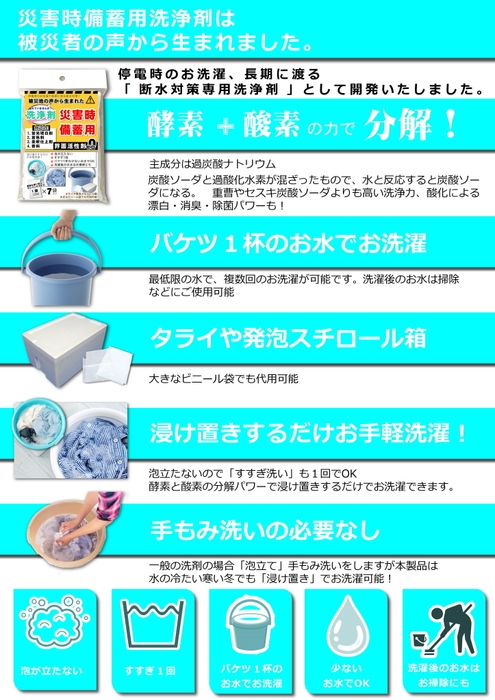 災害時備蓄用洗浄剤は被災者の声から生まれました