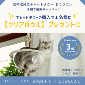 窓枠に取り付けができるキャットタワー『ねこゴロン』　 3周年を記念してプレゼントキャンペーンを6月3日(月)より開催