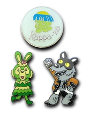 ◆PINS FACTORY（ピンズファクトリー）◆　ピンズ実例No.544株式会社劇団カッパ座　様　「きまるくん（カッパ）・ギャラコ（うさぎ）・ダマレーダ（オオカミ）」★劇団の出演キャラクターをモチーフにした販売用ピンズ