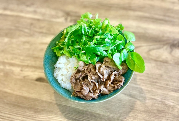 青ネギと牛肉のバジル丼