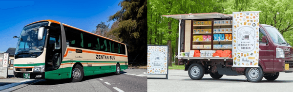 実証実験に使用するバス車両（左）と移動販売車両（右）