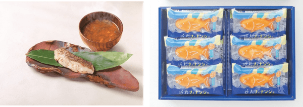 近大生まれマダイ焼味と近大マグロ中骨エキス入りあおさのみそ汁セット（左）、近大フィナンシェ12個入（右）