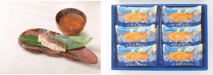 近大生まれマダイ焼味と近大マグロ中骨エキス入りあおさのみそ汁セット（左）、近大フィナンシェ12個入（右）