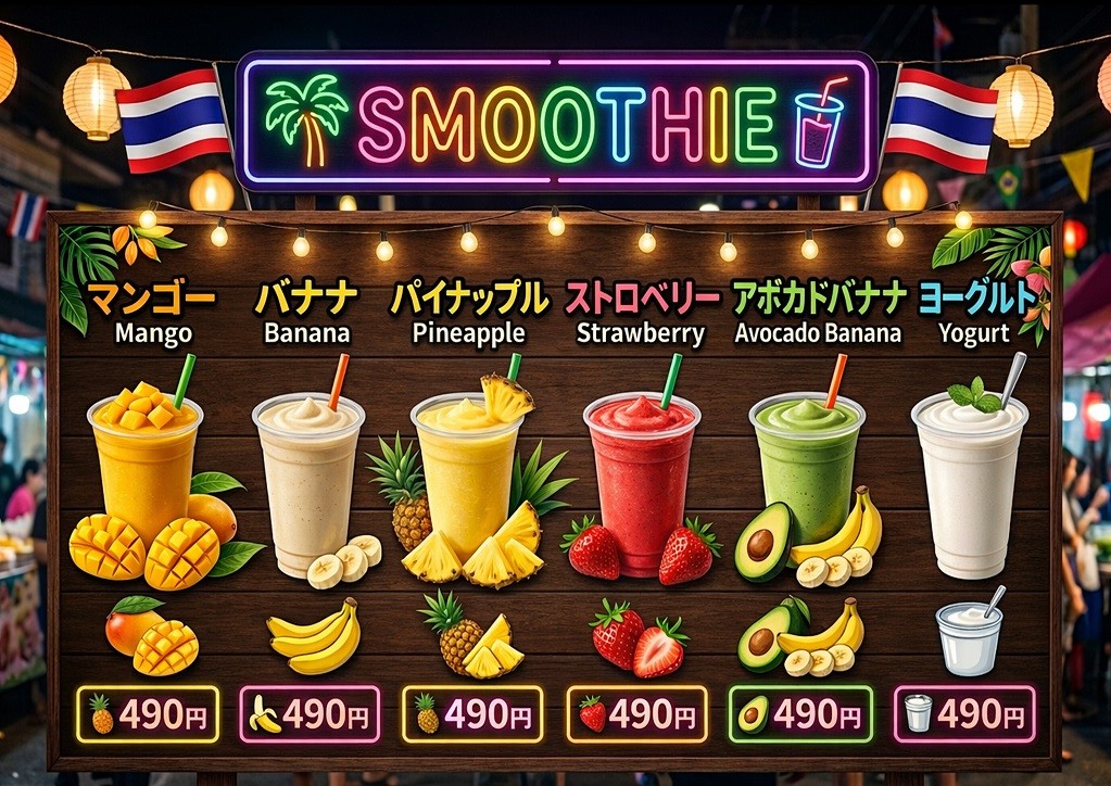 まるでタイにいるかのような食事体験ができる
ムーガタ専門店「夢をかなえるゾウ」
ナイトマーケット気分が爆上がりのフルーツスムージーを新スタート！