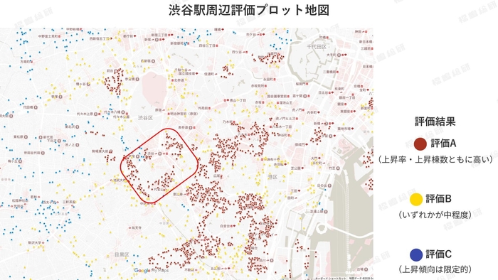 図4：渋谷駅周辺評価プロット地図 【出典：マンションリサーチ株式会社　福嶋総研】