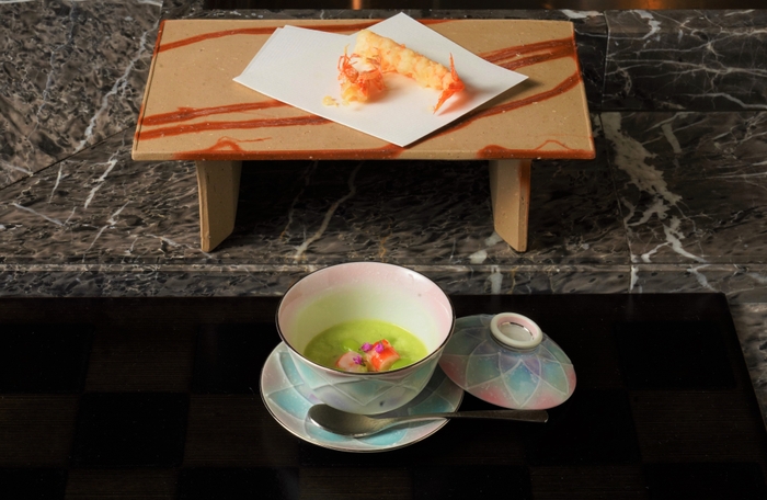 「天ぷら」海老、顎足 「割烹」枝豆のすり流し