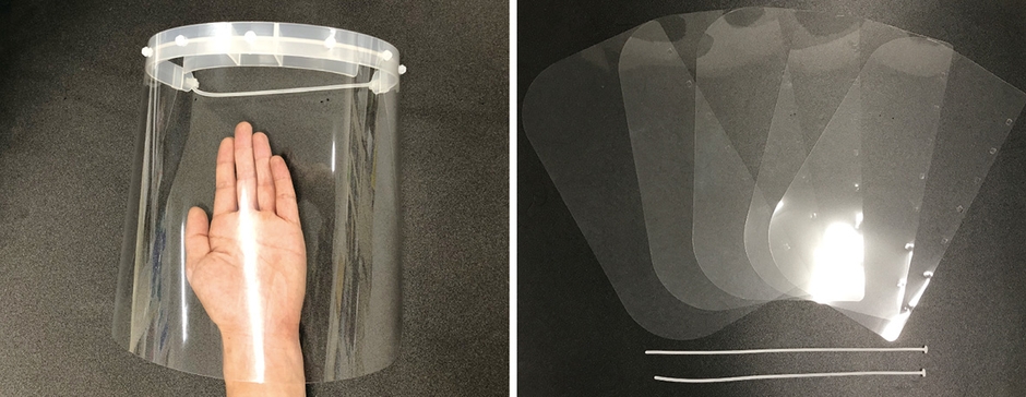 左:高透明PETフィルムと透過イメージ 右:交換用シールド5枚セット