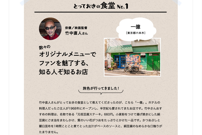 「月刊 旅色」2022年4月号グルメ通にこっそり聞いたとっておきの食堂：竹中直人さん