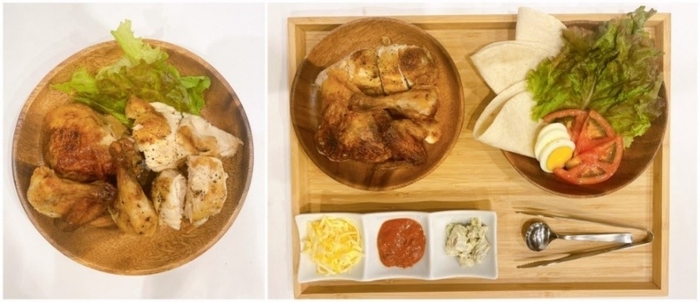 店内メニューの一例(左：グレイトチキン(半匹)、右：グレチキセット)