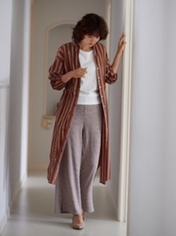 ストライプシャツワンピース/スリット入りリブワイドパンツ