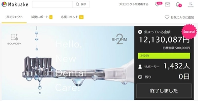 クラウドファンディング「Makuake」にて目標の2,400％突破！ 　音波振動式ソーラー歯ブラシで1,200万円の資金調達を達成