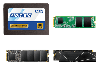 ※左上 3D NAND QLC搭載 2.5inch SATA SSD ADC-S25D1Sシリーズ/※右上 3D NAND TLC搭載 M.2 SATA SSD ADC-M2D1S80シリーズ/※左下 3D NAND TLC搭載 M.2 PCIe Gen3x4 SSD ADC-M2D1P80シリーズ/※右下 3D NAND TLC搭載 M.2 PCIe Gen4x4 SSD ADC-M2D2P80シリーズ