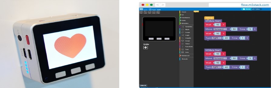 M5Stack(左)、ビジュアルプログラミングで基礎知識を修得(右)