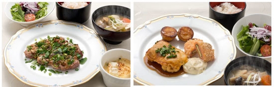 (左)「和豚もちぶたの香味焼き」他 (右)「福島県産伊達鶏の南蛮揚げと宮城県産銀鮭のチーズインフライ」他