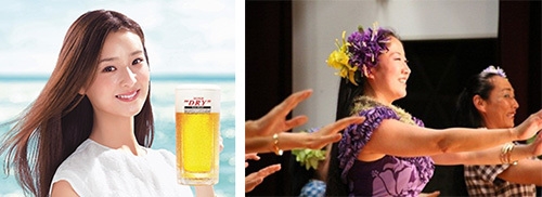 (左から)2019アサヒイメージガール6/1(土)来店 鈴木 望さん、わけべのりこフラスタジオによるフラダンス