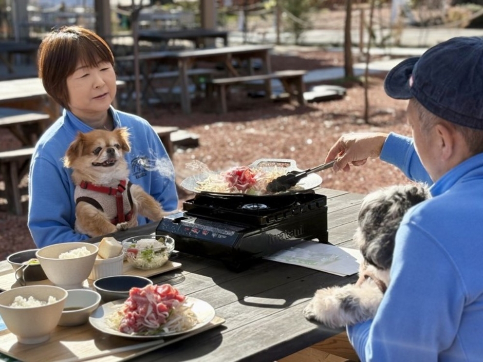 ファームレストランの屋外パラソル席はペットと一緒に食事が楽しめます※ペット専用メニューのご用意はございません