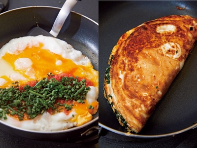 【ツレヅレハナコさんの大きすぎる半月焼きとゆるふわすぎる卵炒め】より、メニューの一例 「半月焼き たらこ+万ねぎ」