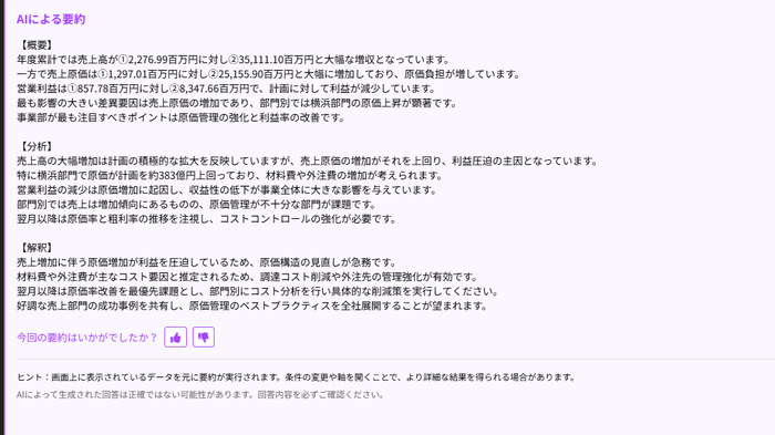 現場担当者が見るような自部門メインのPLのAI要約のイメージ