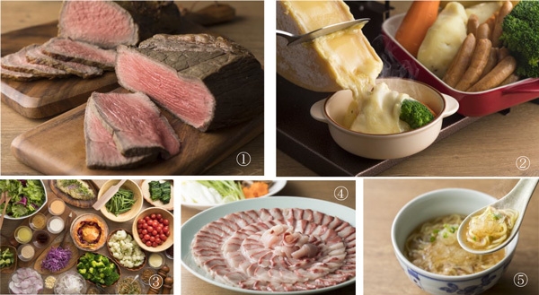 1:国産・USローストビーフ 2:チーズラクレット(ソーセージ、メークイン、人参、ブロッコリー)3:武蔵野地区で採れた野菜を取り入れたサラダバー 4:鰤しゃぶ(ディナー限定) 5:フカヒレスープメン(ランチ限定)
