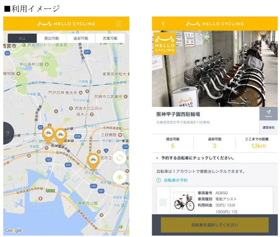 （左）「ステーション」検索画面　（右）自転車予約画面