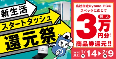 「新生活スタートダッシュ還元祭」を1月14日から2月9日までの期間限定で開催！人気のゲーミングPCや高性能ノートPCなど対象iiyama PCのご購入で最大3万円分相当を還元