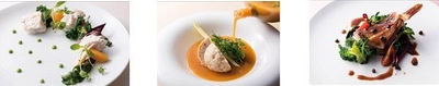 【左から】鶏モモ肉のフリカッセ、スープ・ド・ポワソン 、春野菜と本日の魚のブレゼ