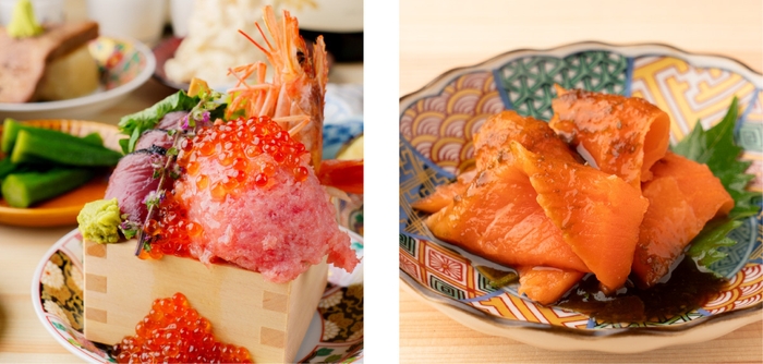 大盛りいくらの海鮮升盛りとサーモンの青唐辛子醤油