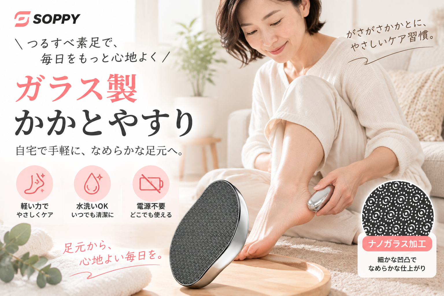 SOPPY、乾燥する季節の足元ケアに「ガラス製かかとやすり」を提案
電源不要・乾いたまま使える、毎日の習慣に取り入れやすいセルフフットケアアイテム