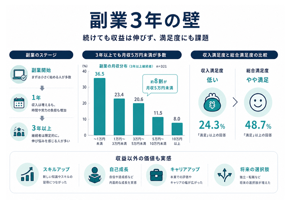 「副業3年の壁」──続けても収益は伸びず、満足度にも課題