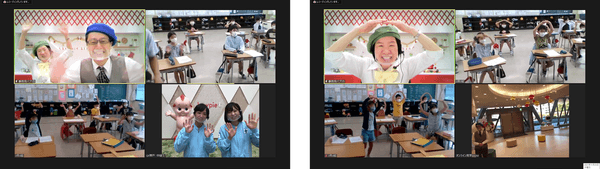 左：みんな笑顔でご挨拶 ／ 右：質問に大きな丸を作ってくれたところ