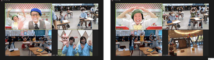 左:みんな笑顔でご挨拶 / 右:質問に大きな丸を作ってくれたところ