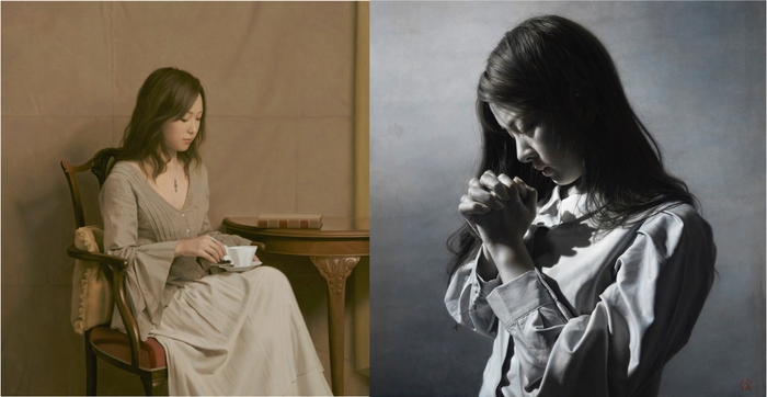 (画像左から)森本草介「コーヒータイム」(2007年)、島村信之「願う」(2022年)