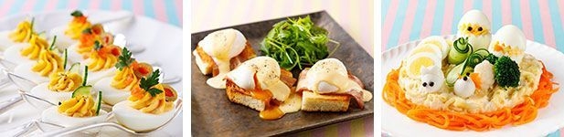 (左から)デビルドエッグ、 エッグベネディクト風、イースター エッグサラダ
