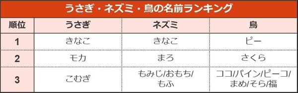 ペットの名前ランキング2019（うさぎ・ネズミ・鳥）