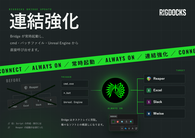 ▲ RIGDOCKS Bridge 2.1.0:起点が変わる ― Reaperを経由せず、必要なソフトへ直接橋渡し