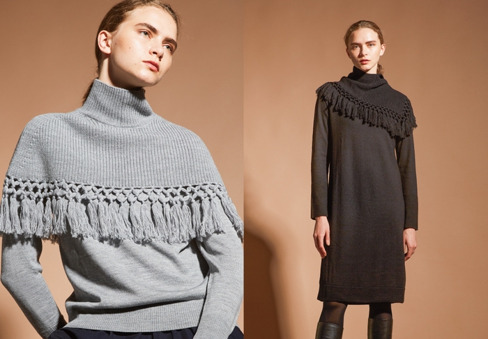 (左)セーター 38,500円、(右)ニットドレス 46,200円(すべて税込)