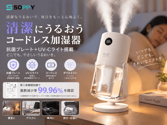 SOPPY、抗菌プレート＋UV-Cライト搭載のコードレス加湿器「WT35」を発売
―第三者機関試験で菌数減少率99.96％を確認した清潔設計モデル―