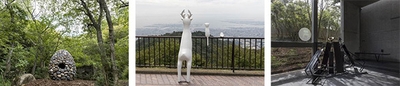 【左】榮建太郎《いしのたね》2018年 六甲オルゴールミュージアム【中央】笠井祐輔《動物たちも景色を見ている》2018年 TENRAN CAFE【右】さわひらき《absent》2018年 風の教会