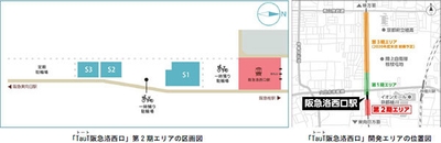 左から)「TauT(トート)阪急洛西口」第2期エリアの区画図、「TauT(トート)阪急洛西口」開発エリアの位置図