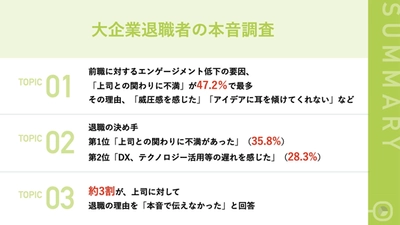 【大企業を退職した中核人材の本音は？ 】退職の決め手、第1位「上司との関わりに不満」 約7割から「上司がビジネスパーソンとして 尊敬できなかった」との声