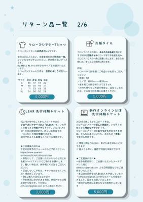 Tシャツ、応援タイル、先行体験チケットのリターン詳細
