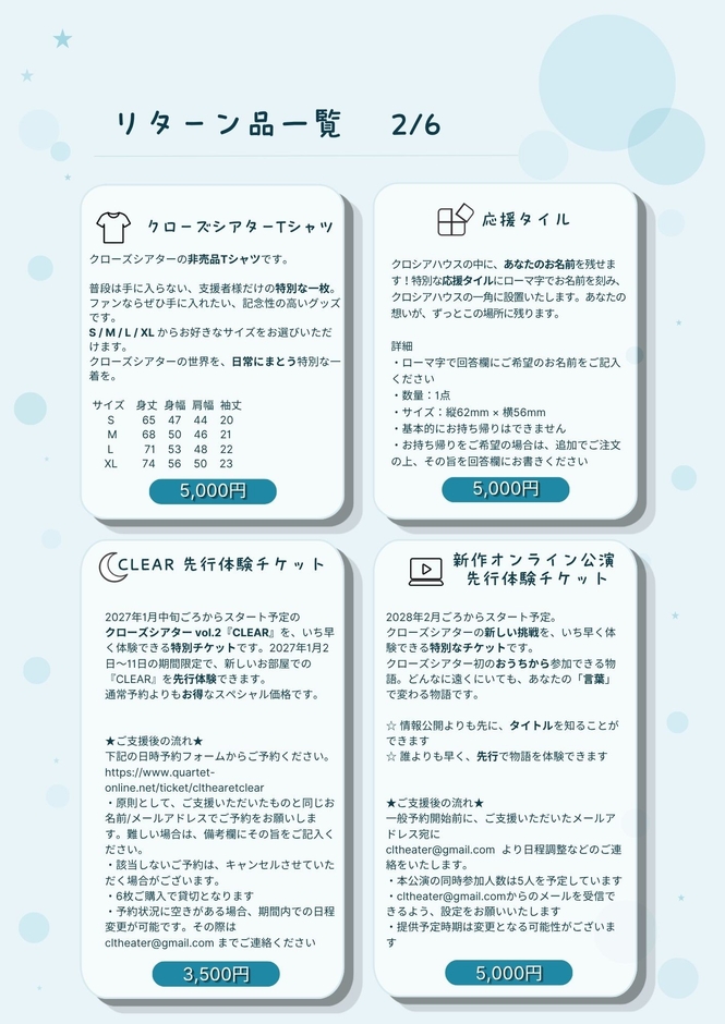 Tシャツ、応援タイル、先行体験チケットのリターン詳細