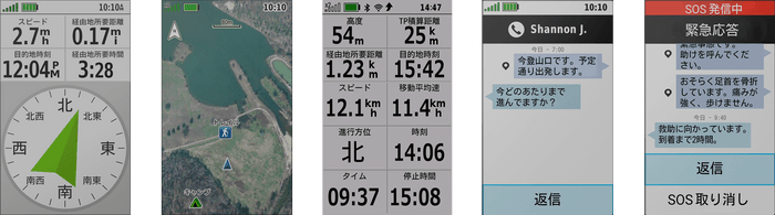 左から、ABCセンサー、衛星画像、トリップコンピューター、双方向メッセージ通信※、インタラクティブなSOSアラート※※『GPSMAP 67i』搭載