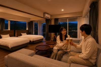 客室で楽しむ本格生ビール　※イメージ（AI生成・加工含む）