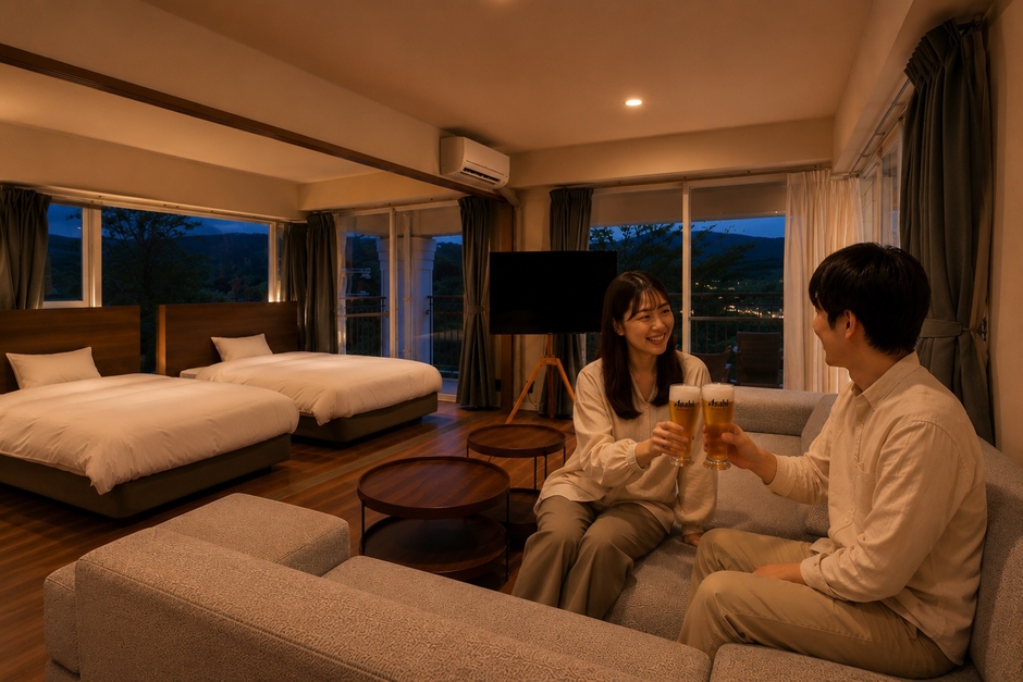 客室で楽しむ本格生ビール ※イメージ(AI生成・加工含む)