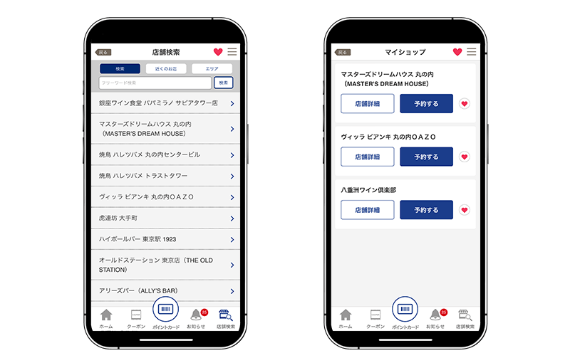 図2　店舗検索画面とマイショップ(お気に入り店舗)一覧画面