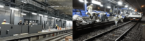 （左）ホームドア設置作業（右）ホームドア設置に関する基礎工事