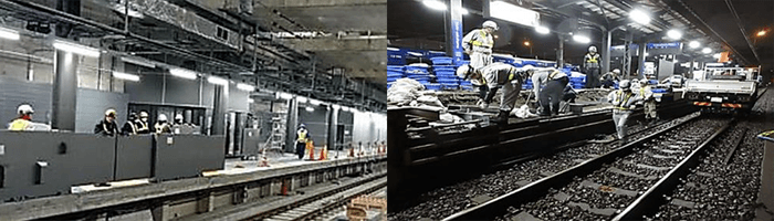 (左)ホームドア設置作業(右)ホームドア設置に関する基礎工事