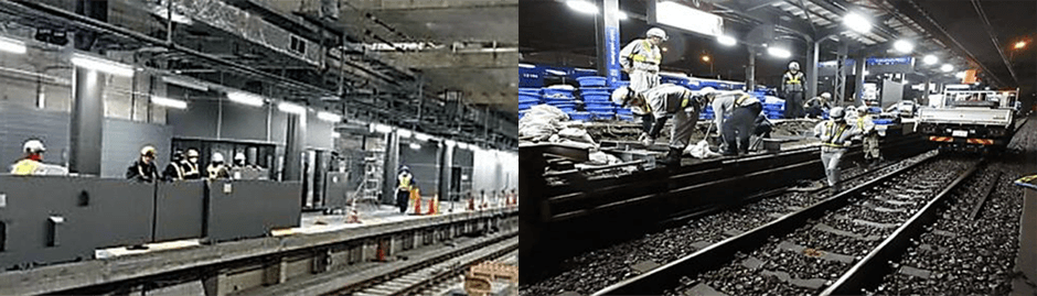 （左）ホームドア設置作業（右）ホームドア設置に関する基礎工事